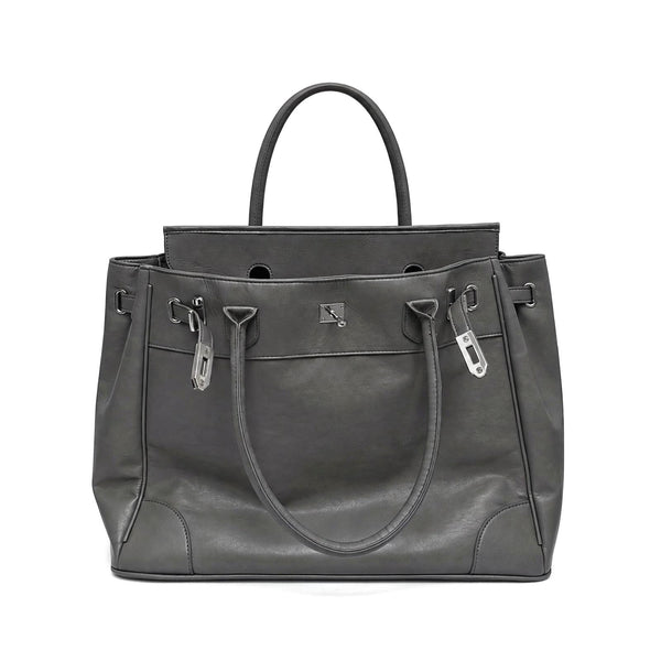 Large structured tote bag with turn-lock closure, silver-tone buckle hardware, and twin rolled handles, detail view 21