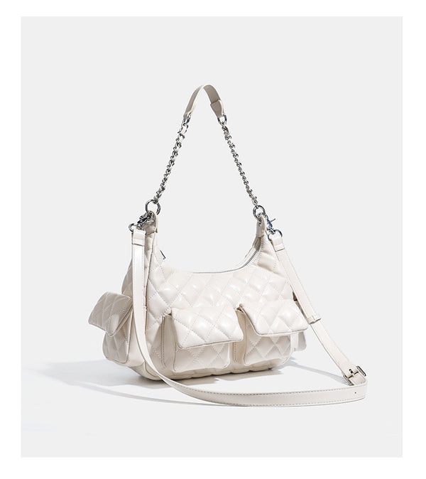 Off-white quilted leather-look hobo shoulder bag with diamond stitching, chain-and-strap handle, two front flap pockets