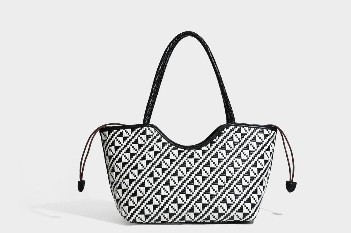 Woven geometric two-tone tote bag with braided shoulder straps and leather-look trim, detail view 31