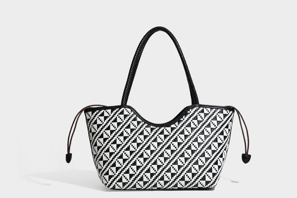 Woven geometric two-tone tote bag with braided shoulder straps and leather-look trim, detail view 31