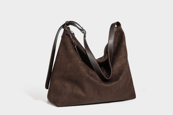 Slouchy hobo shoulder bag in matte croc-embossed leather-look finish with top zip closure and long adjustable strap, detail