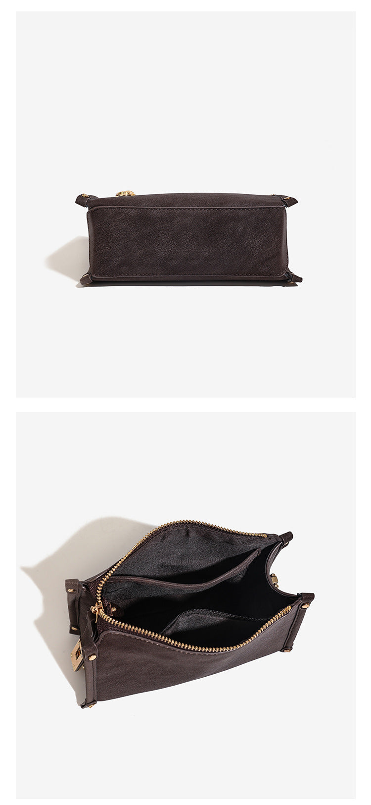 Small structured square handbag in deep dark brown matte pebbled finish with gold-tone turn-lock clasp, top zipper, corner