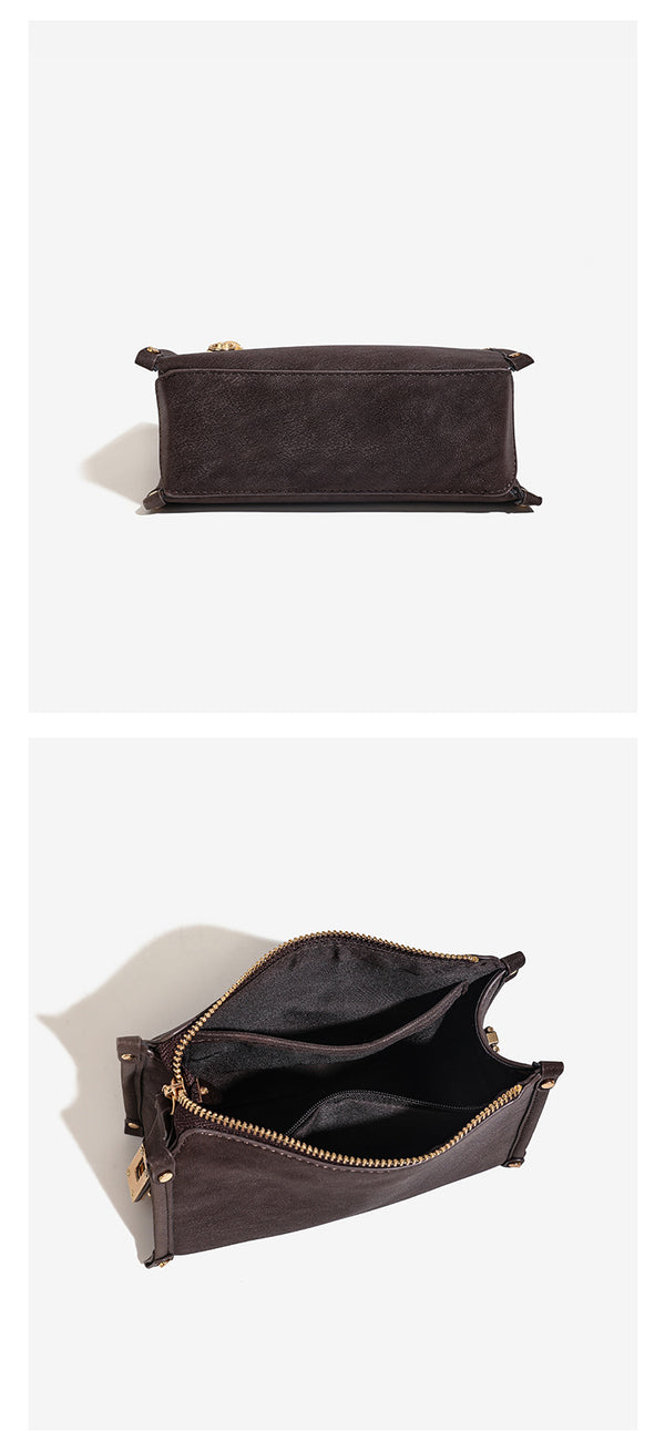 Small structured square handbag in deep dark brown matte pebbled finish with gold-tone turn-lock clasp, top zipper, corner
