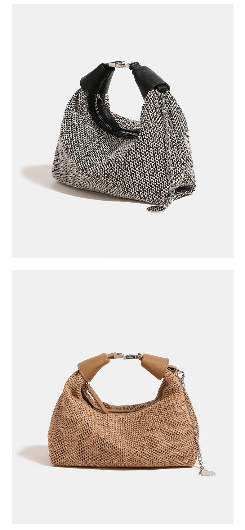 Geflochtene Hobo-Tasche aus Stroh mit geknotetem Tragegriff aus lederähnlichem Material, silberfarbenen Beschlägen und Kettenanhänger in Schwarz und Beige