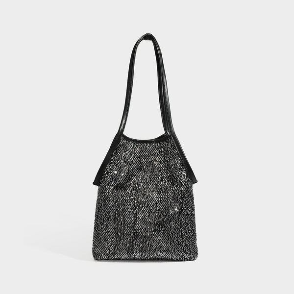 Kleiner Schulter-Shopper mit Pailletten, langem Metallic-Riemen und trapezförmiger Silhouette, Detailansicht 7