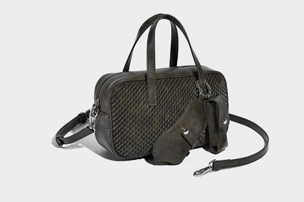 Structured woven-texture front top-handle handbag with zip closure, dual handles, detachable shoulder strap, and matching