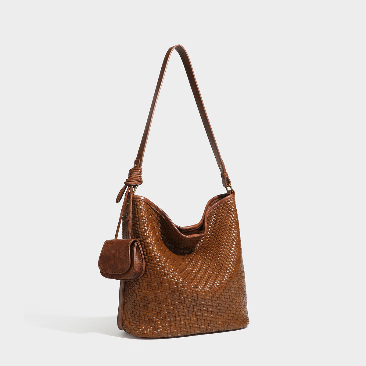 Woven-look slouchy hobo shoulder bag in brown with attached mini pouch and gold-tone hardware, detail view 4