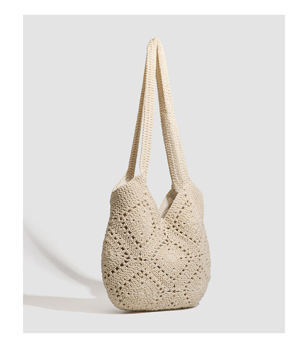 Gehäkelte Schultertasche im Shopper-Stil mit grobmaschigem Muster, Stofffutter und langen Schulterriemen, Detailansicht 10
