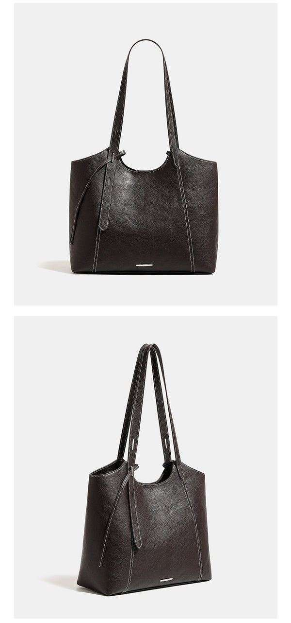 Structured open-top leather-look tote bag with long shoulder straps, contrast stitching, and side tie details, detail view 15