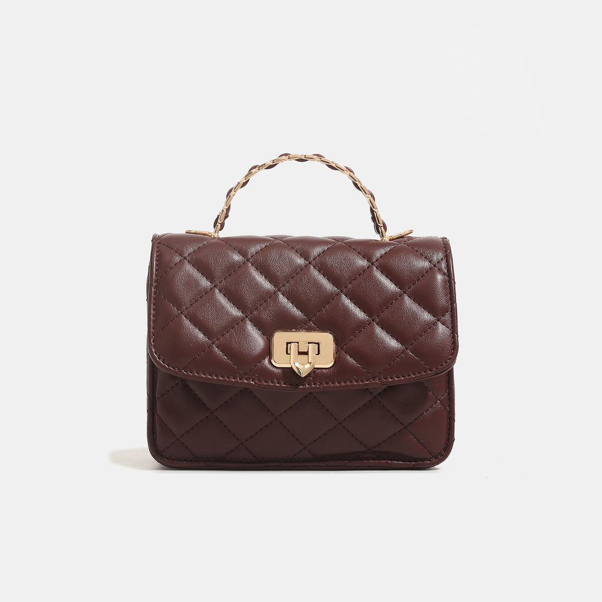 Small structured quilted flap crossbody bag with gold-tone turn-lock closure and chain strap, detail view 7