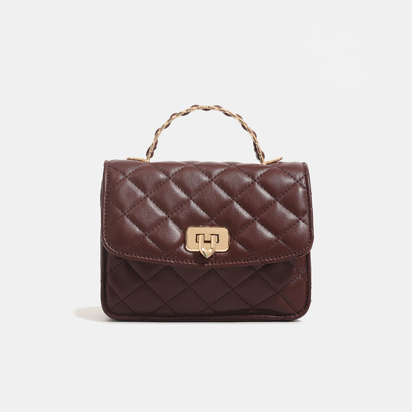 Small structured quilted flap crossbody bag with gold-tone turn-lock closure and chain strap, detail view 7