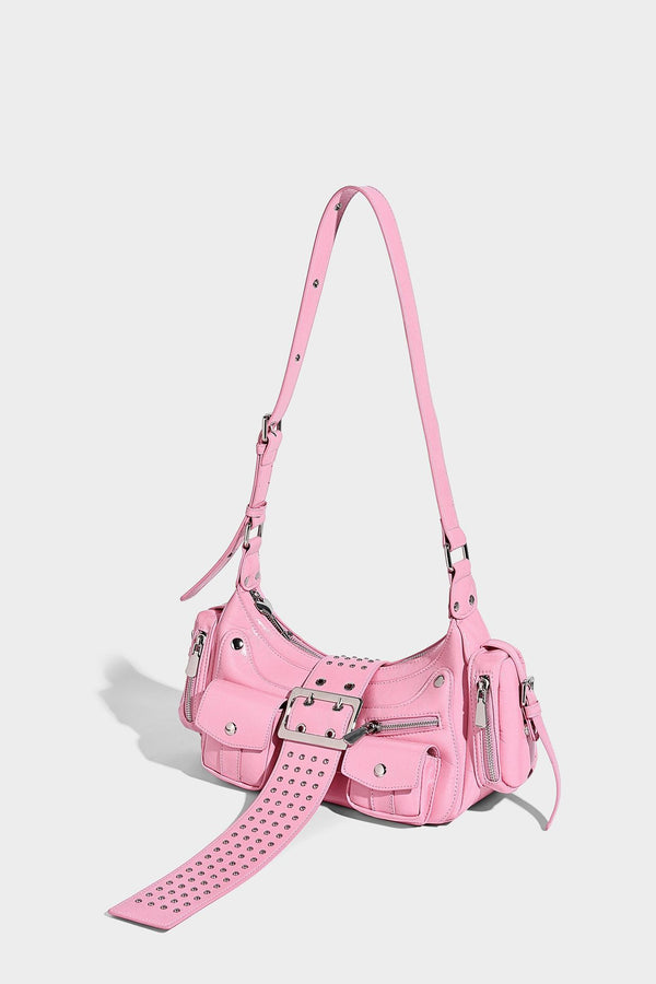 Halbmond-Schultertasche mit Nieten und Gürtelschnallen-Lasche, mehreren Vordertaschen und silberfarbenen Beschlägen, Detailansicht 41