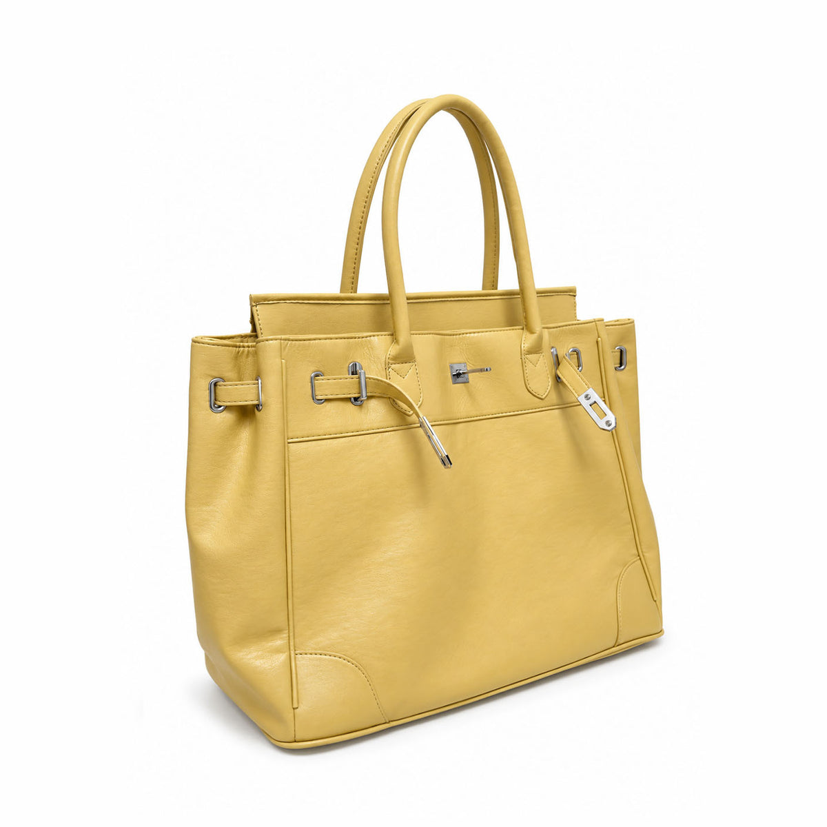 Large structured tote bag with turn-lock closure, silver-tone buckle hardware, and twin rolled handles, detail view 23