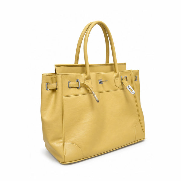 Large structured tote bag with turn-lock closure, silver-tone buckle hardware, and twin rolled handles, detail view 23