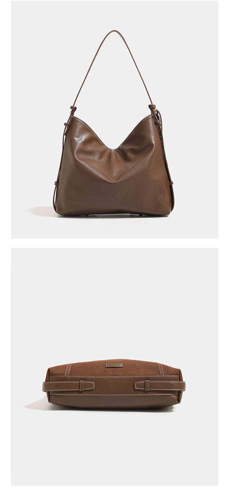 Slouchy suede-finish hobo shoulder bag in warm mocha brown with contrast stitching, braided tassel side accent, and, detail