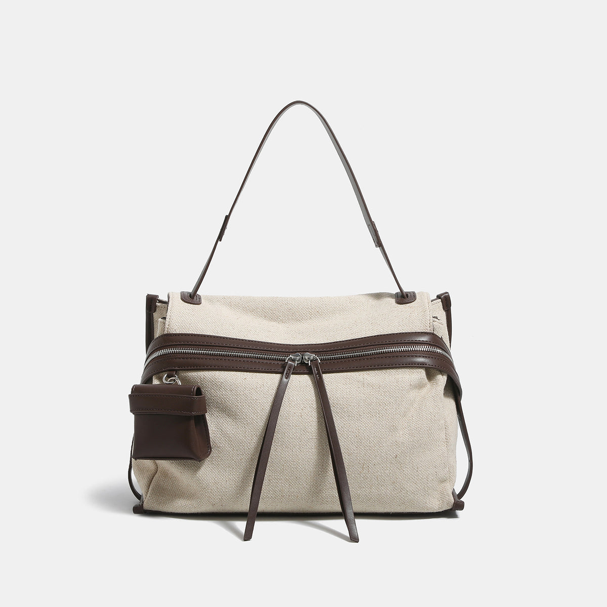 Off-white woven cotton-linen shoulder bag with brown leather-look trim, dual zip closure, long zipper pulls, front exterior