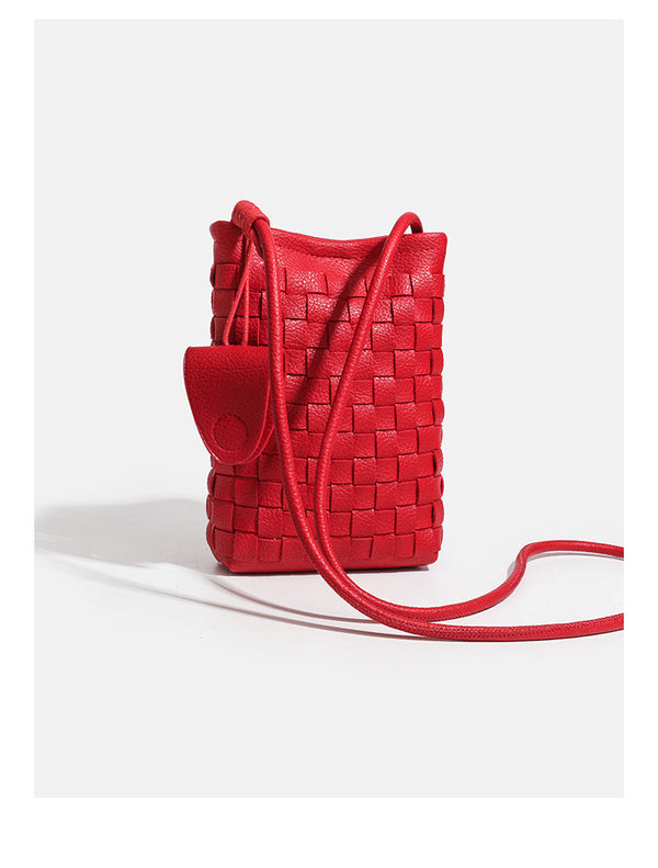 Mini woven square-pattern crossbody phone bag with long cord strap and front snap flap pocket in red textured leather-look