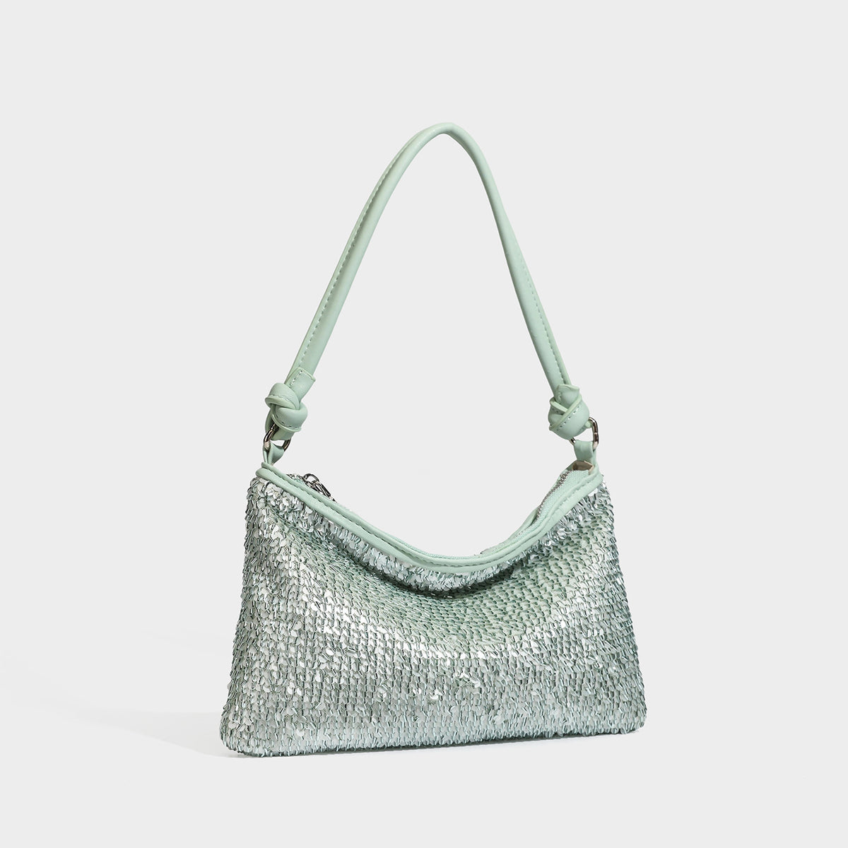 Small sequin hobo shoulder bag with knotted strap and zip closure, detail view 3