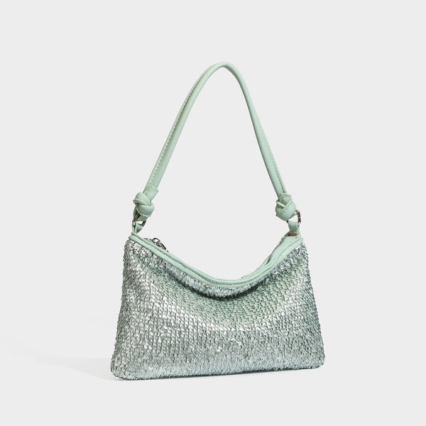 Small sequin hobo shoulder bag with knotted strap and zip closure, detail view 3