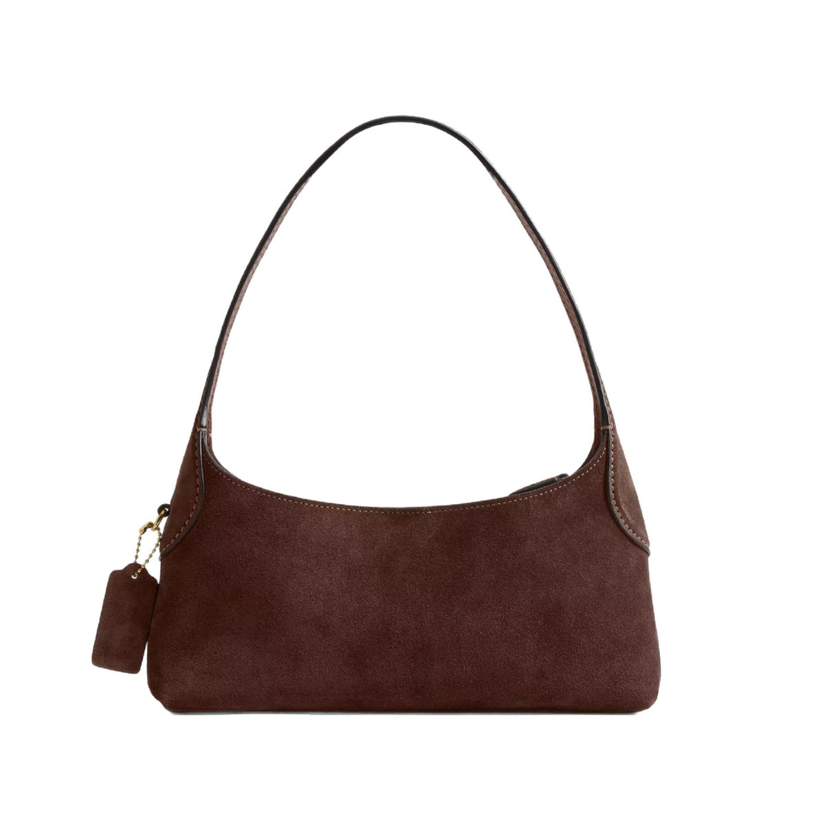 Slim crescent-silhouette shoulder bag in chocolate brown suede-look finish with contrast topstitching, top zip closure, thin