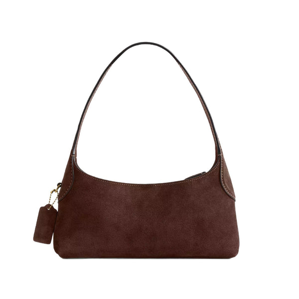 Slim crescent-silhouette shoulder bag in chocolate brown suede-look finish with contrast topstitching, top zip closure, thin