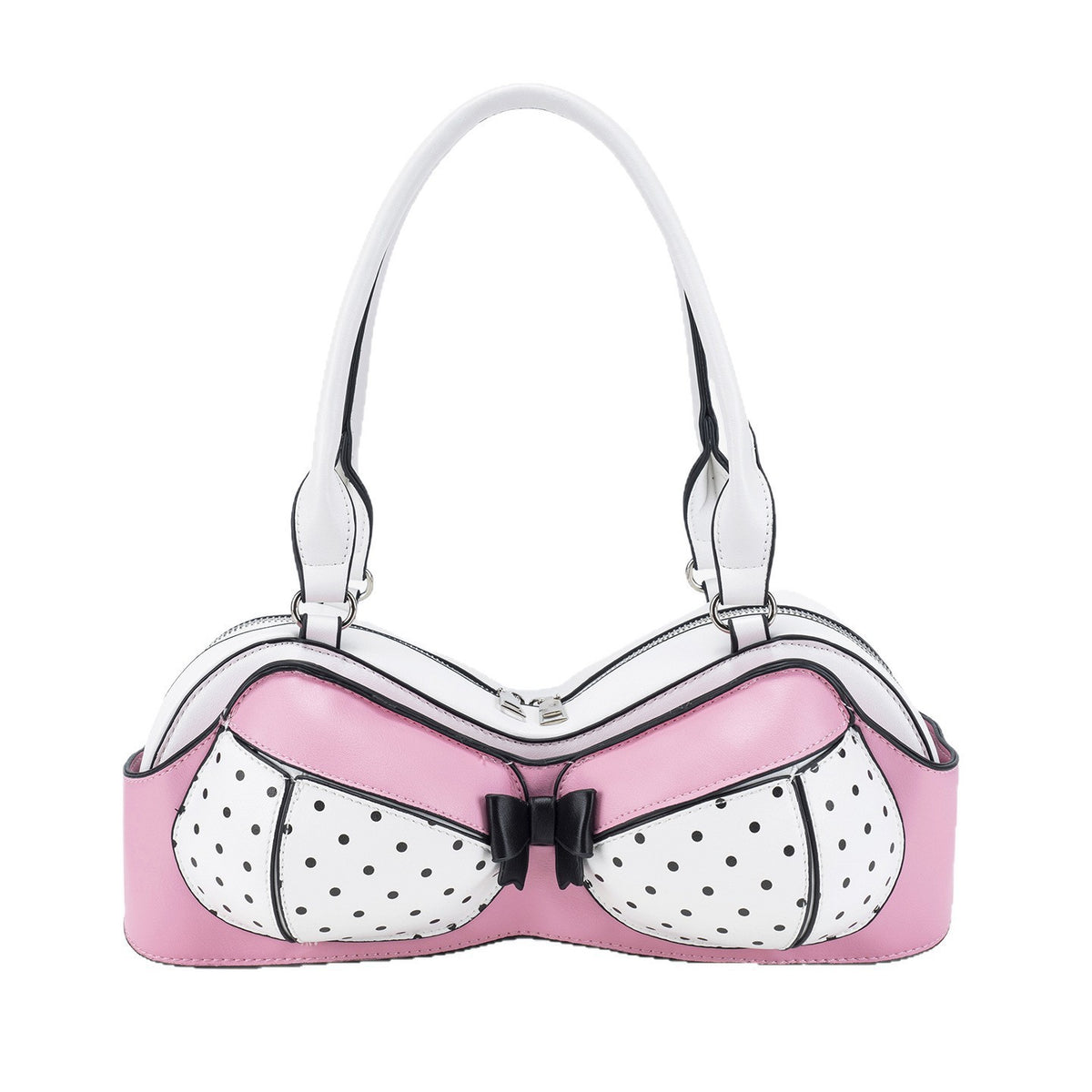 Structured pink and white polka-dot handbag with oversized bow accent, black trim, zip top closure, and double top handles