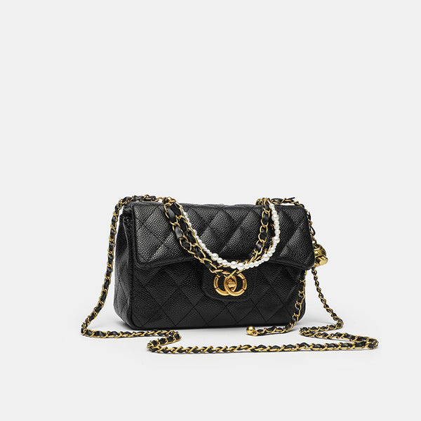 Gesteppte Crossbody-Tasche mit Rautenmuster, Klappe, perlenbesetztem Kettenriemen in Goldoptik und Drehverschluss, Detailansicht 3