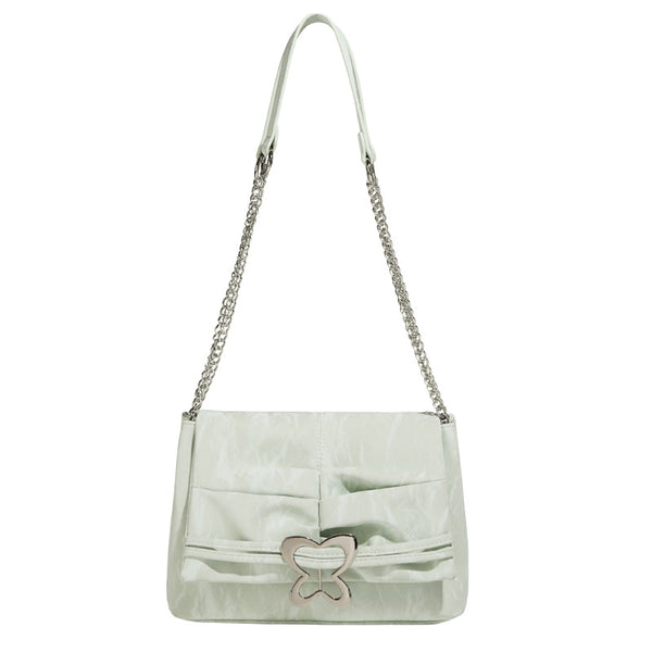 Structured rectangular chain shoulder bag with silver butterfly clasp and glossy crinkled finish, detail view 5