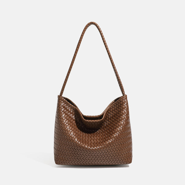 Woven leather-look hobo shoulder bag with braided strap and matching zip pouch, front view