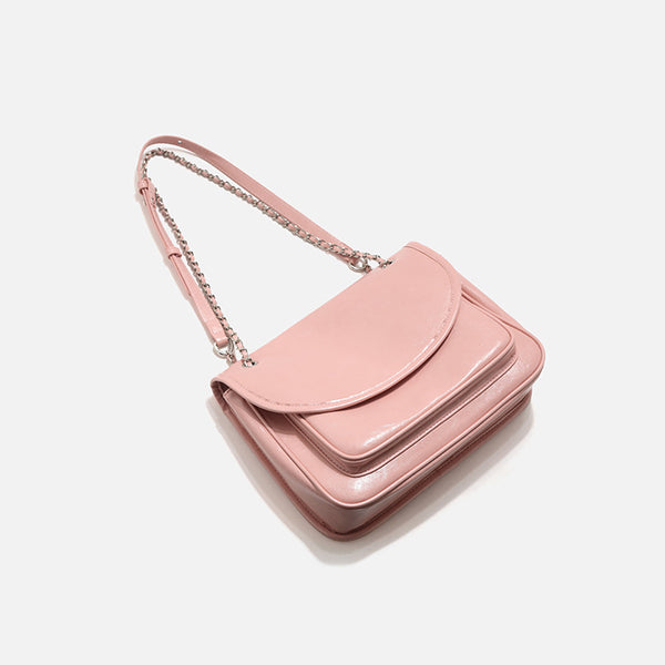 Structured glossy leather-look flap shoulder bag with silver-tone chain strap, detail view 3