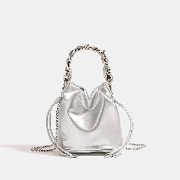 Mini pebbled leather-look bucket bag with chunky silver-tone chain handle and drawstring closure, detail view 8