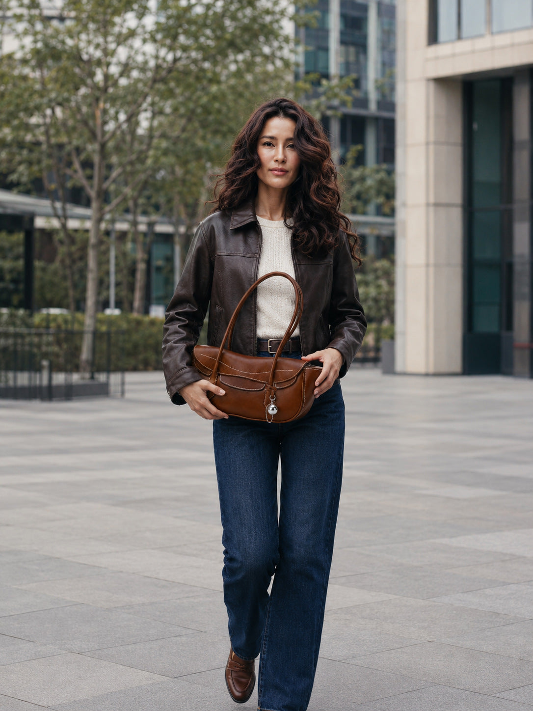 Structured leather-look flap shoulder bag with contrast stitching and silver ball charm hardware, detail view 13