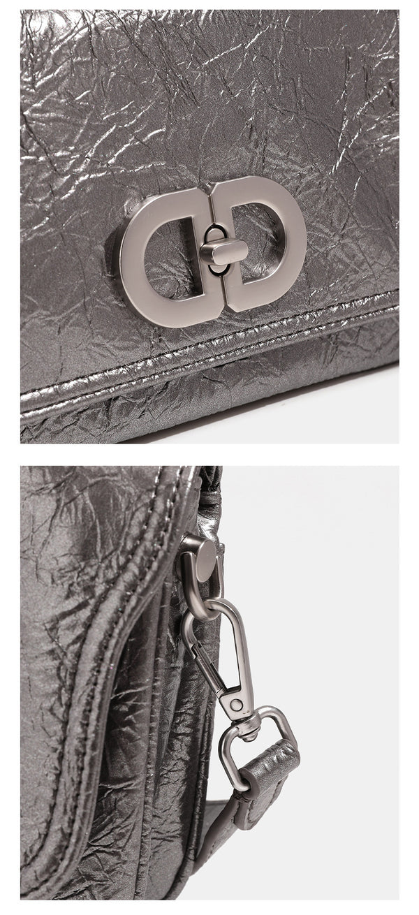 Rectangular flap shoulder bag with chunky silver-tone chain strap and crinkled leather-look finish, detail view 10