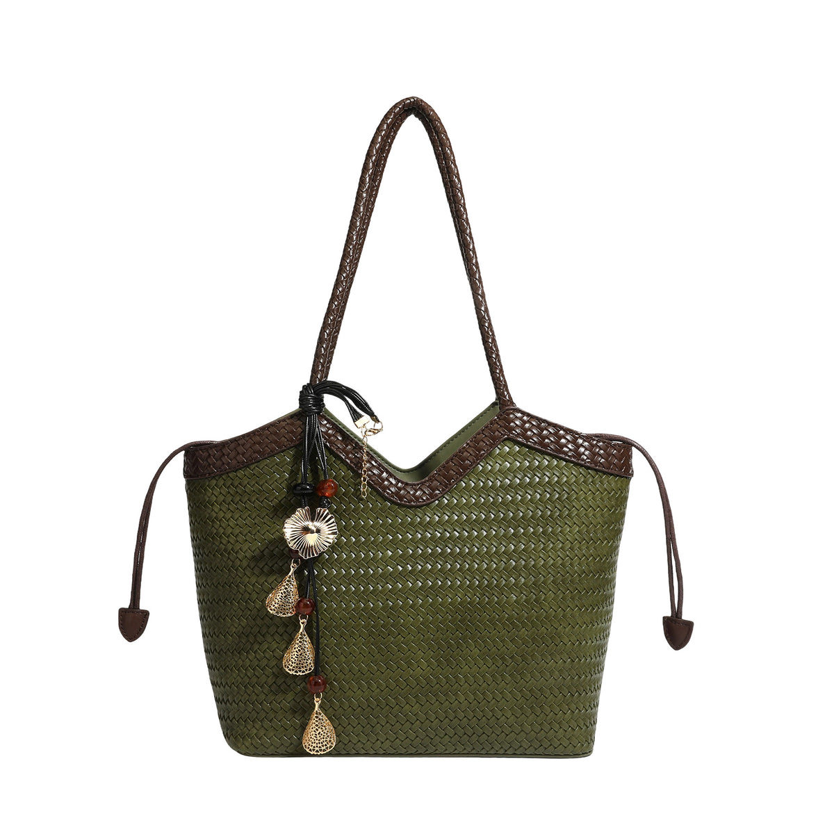Woven tote bag with braided shoulder straps, drawstring closure, and dangling metal-and-bead charm, detail view 5
