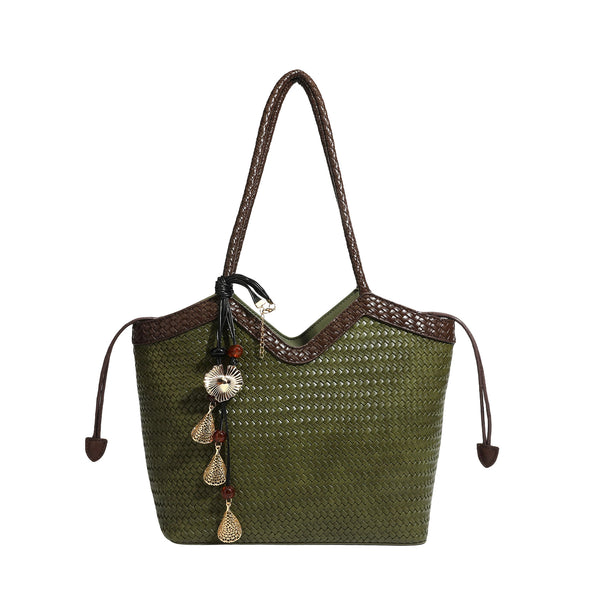 Woven tote bag with braided shoulder straps, drawstring closure, and dangling metal-and-bead charm, detail view 5
