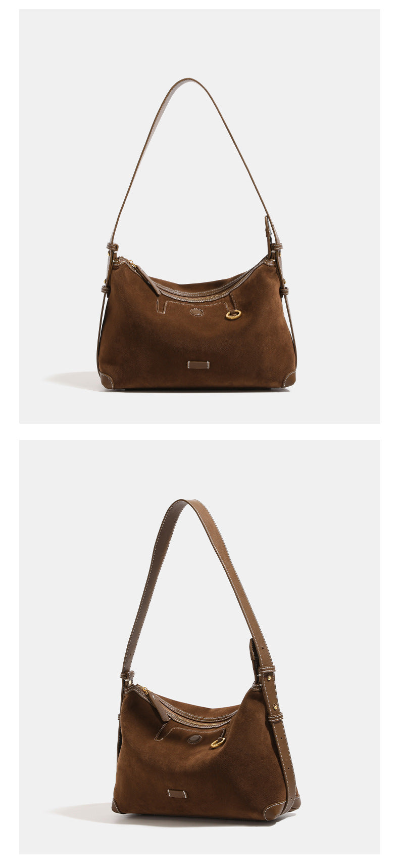 Hobo-Tasche in Tabakbraun mit Velourslederoptik, Besätzen in Kunstlederoptik, Kontrastnähten, goldfarbenen Beschlägen und verstellbarem Crossbody-Riemen