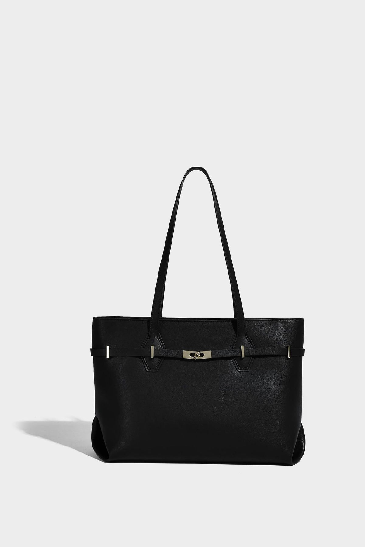Structured suede-look shopper tote with wraparound belt strap and gold turn-lock clasp, long dark brown shoulder handles
