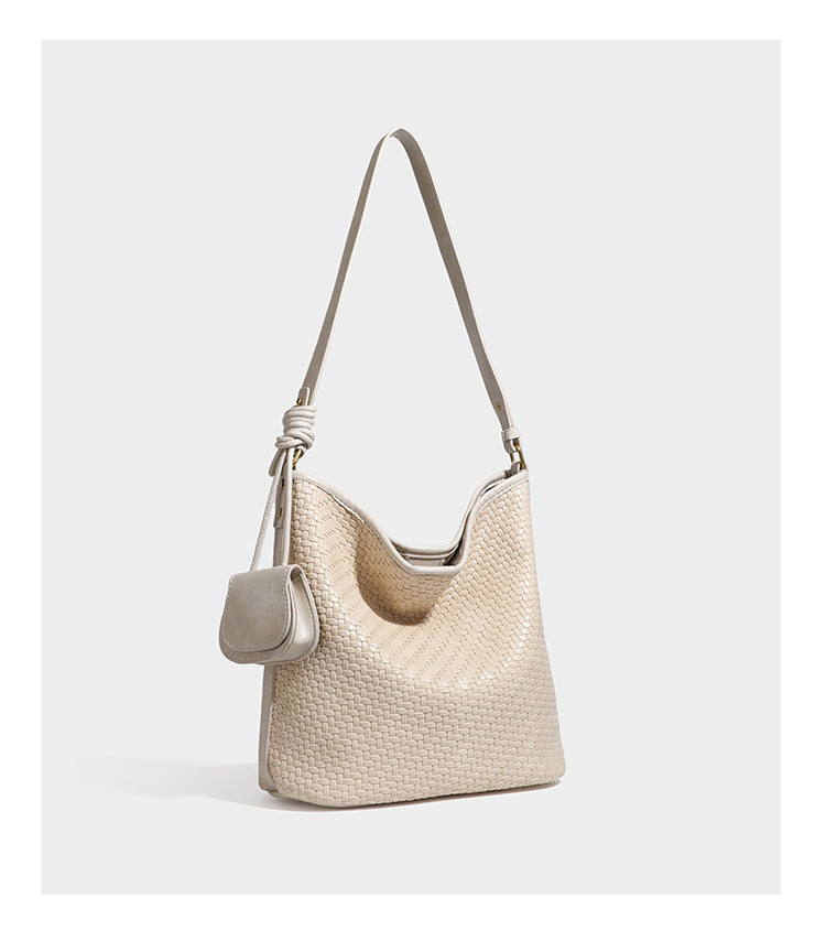 Woven-look slouchy hobo shoulder bag in brown with attached mini pouch and gold-tone hardware, detail view 22