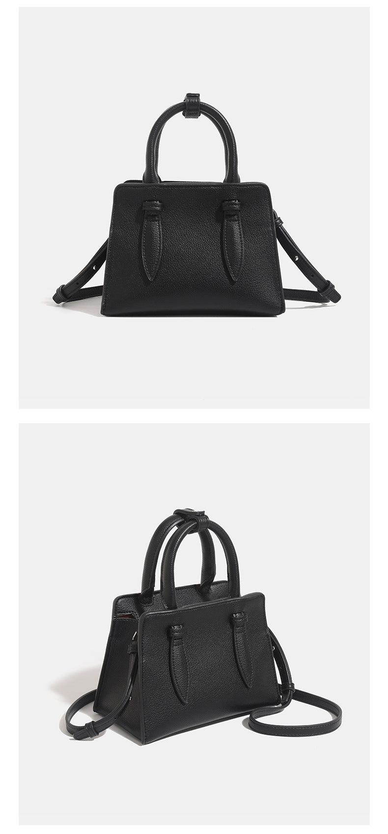 Small structured trapezoid top-handle bag in pebbled matte finish with decorative strap tabs, twin knotted handles, and