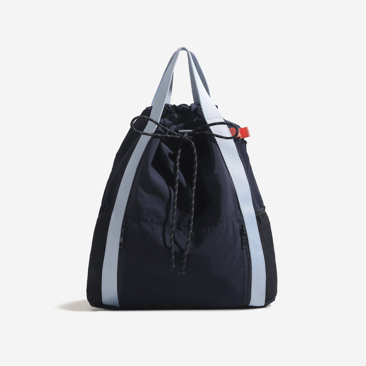Soft matte drawstring backpack tote with braided cord closure, front zip pocket, and mesh side panels, detail view 7