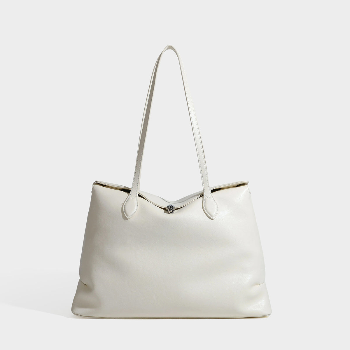 Large leather-look tote shoulder bag with slim double straps and silver-tone turn-lock closure, detail view 6