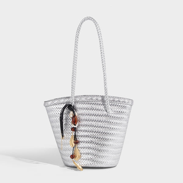Chevron-woven bucket tote bag with braided shoulder straps and matching drawstring pouch, detail view 9