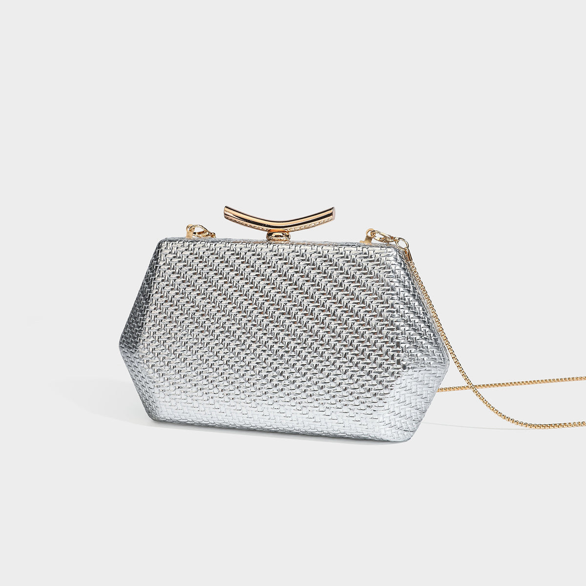Small structured metallic woven clutch bag with gold-tone kiss-lock frame and detachable chain strap, front view