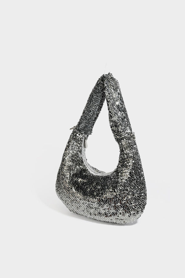 Hobo-Schultertasche in lässiger Tropfenform mit durchgehendem Metallic-Paillettenbesatz und silberfarbenen Beschlägen, Detailansicht 43
