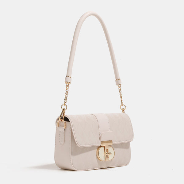 Compact quilted flap crossbody bag with gold turn-lock clasp and adjustable shoulder strap, detail view 3
