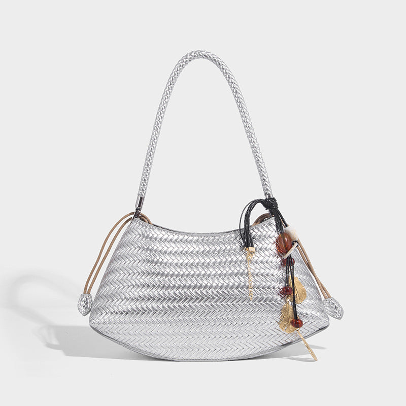 Woven leather-look hobo shoulder bag with braided strap and silver-tone hardware, detail view 9
