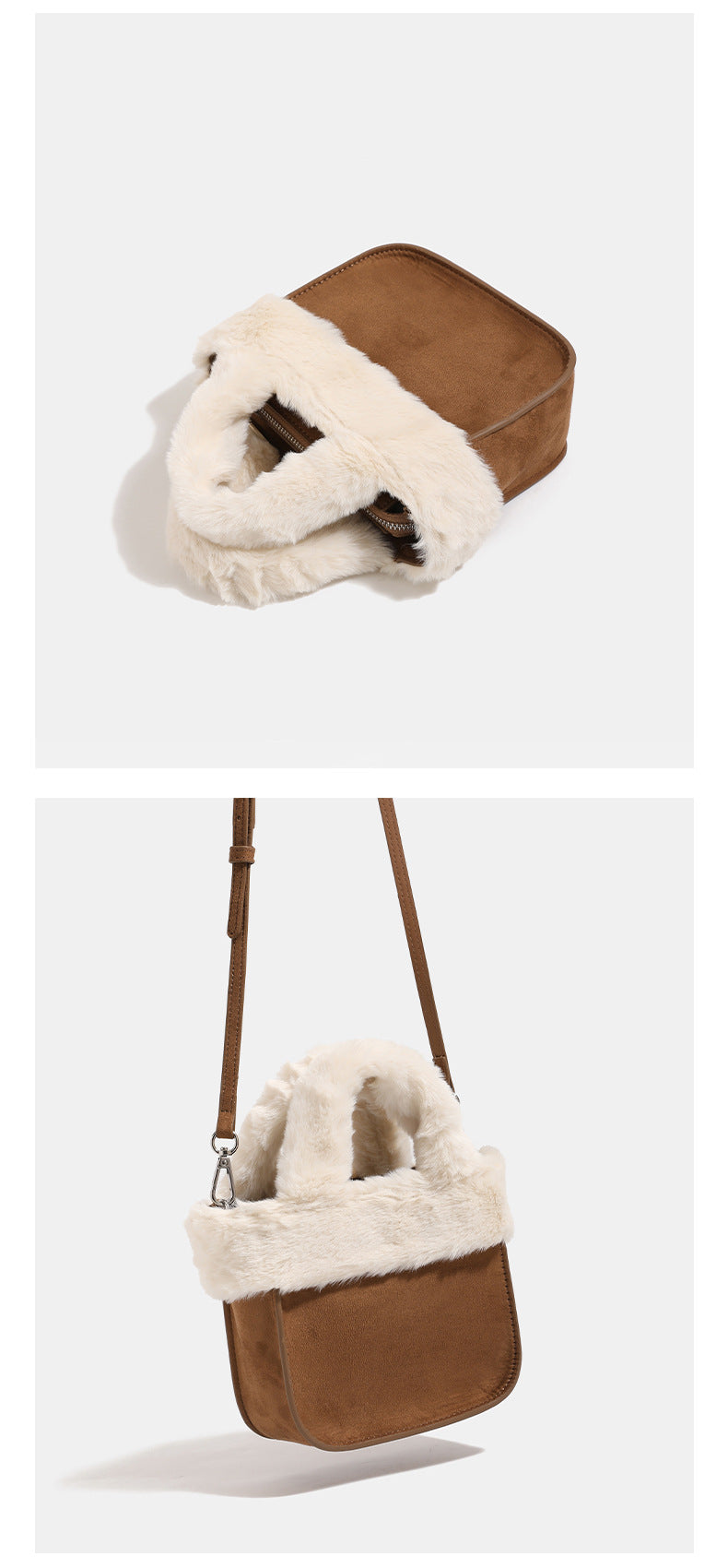 Mini structured handbag with cream faux-fur trim and suede-look textured body, shown with top handles and removable