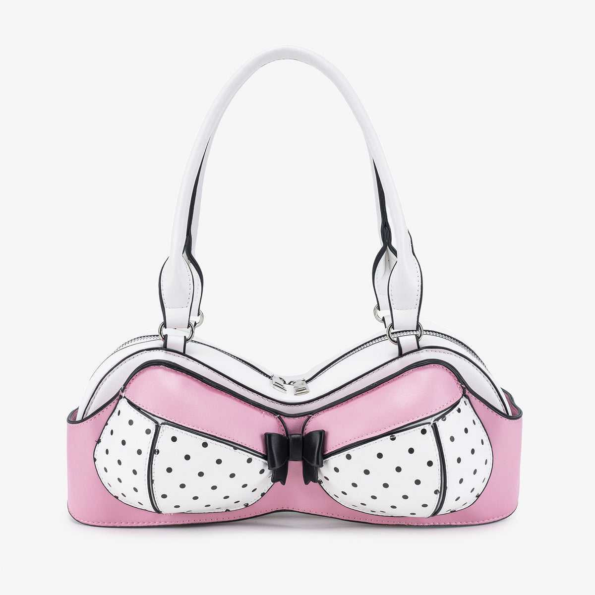 Structured pink and white polka-dot handbag with oversized bow accent, black trim, zip top closure, and double top handles