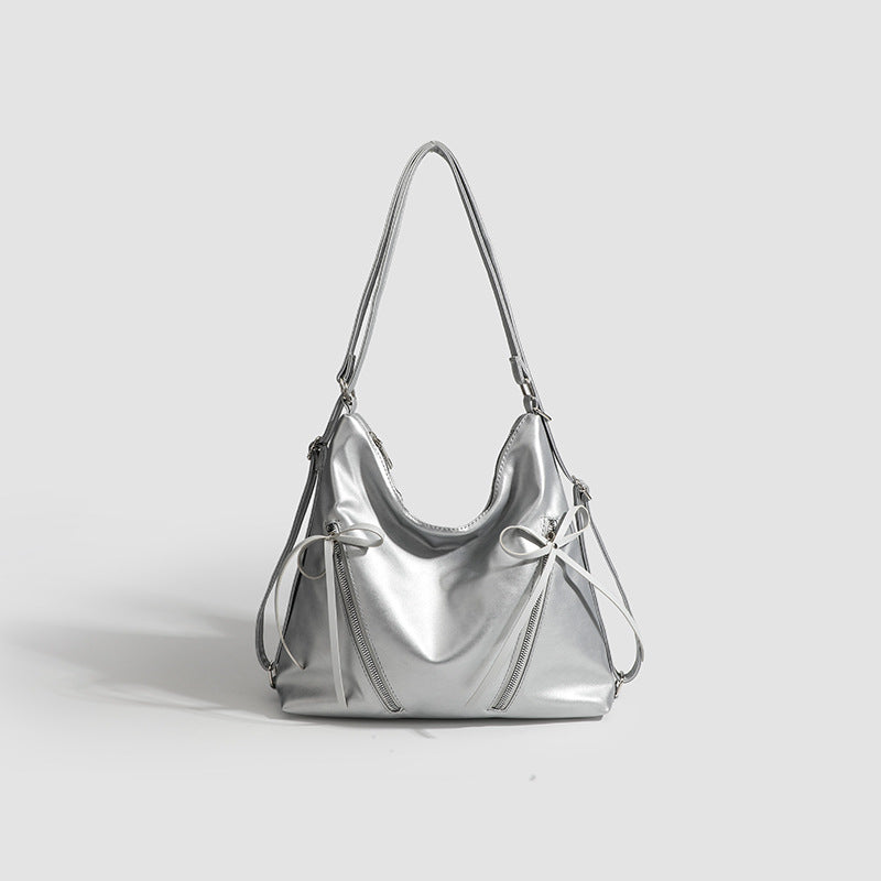 Slouchy hobo shoulder bag with bow detail and silver-tone hardware, detail view 7