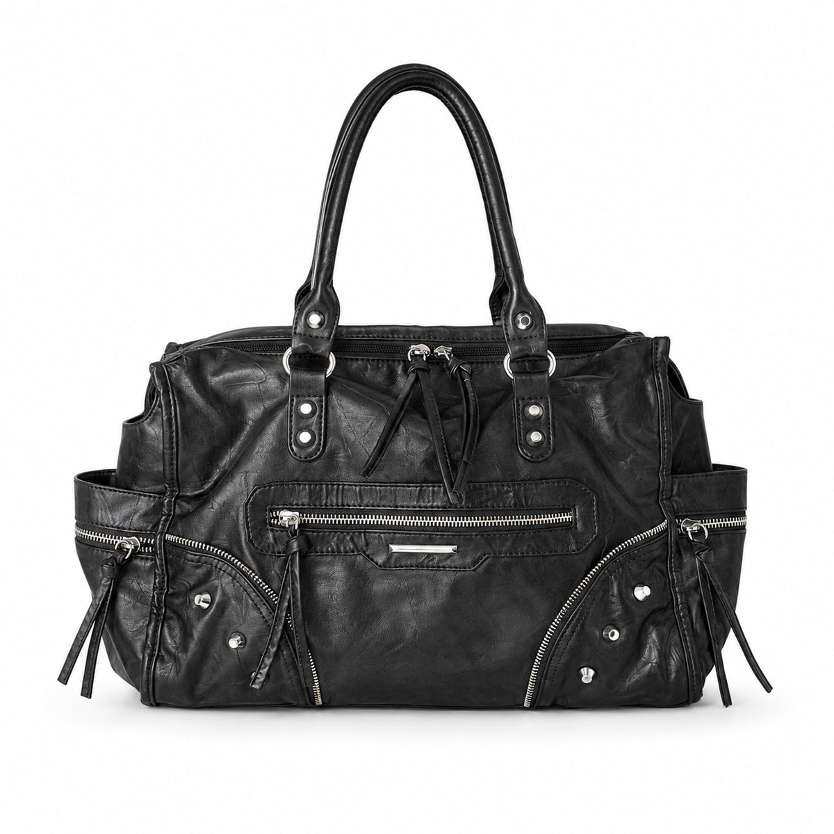 Large distressed leather-look moto tote bag with silver rivets, tassel zip pulls, front zip pocket, and dual top handles